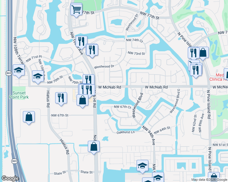 map of restaurants, bars, coffee shops, grocery stores, and more near 9701 West McNab Road in Tamarac