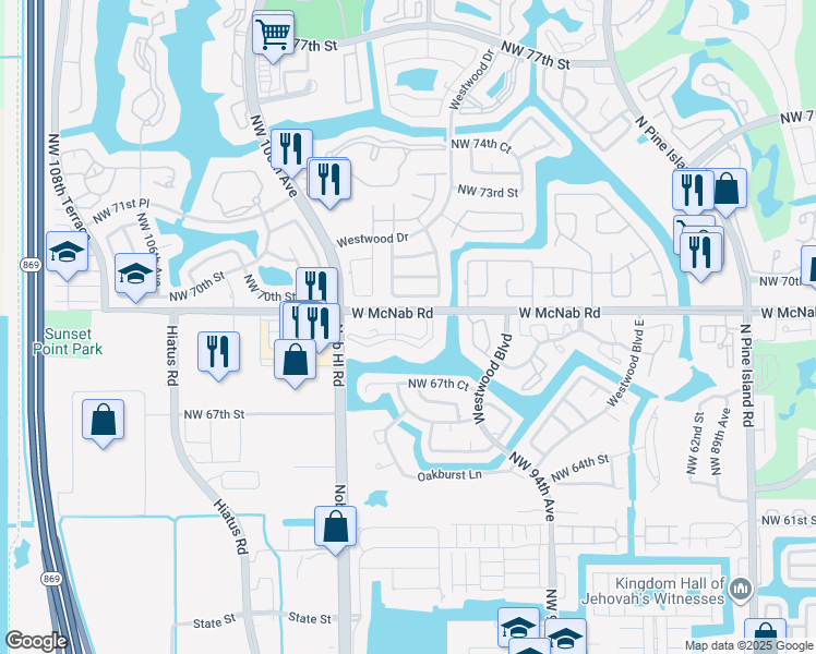 map of restaurants, bars, coffee shops, grocery stores, and more near 9694-9744 West McNab Road in Tamarac