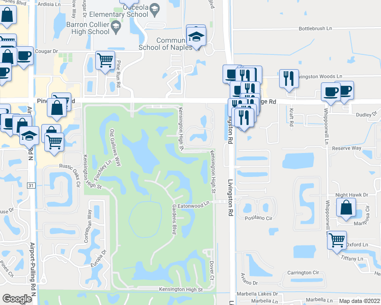 map of restaurants, bars, coffee shops, grocery stores, and more near Hamlet Drive in Naples