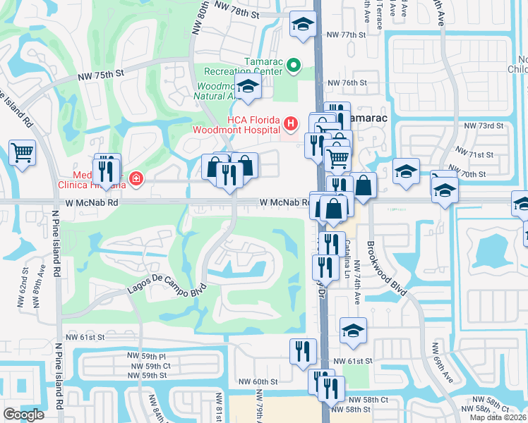 map of restaurants, bars, coffee shops, grocery stores, and more near 7850 West McNab Road in Tamarac