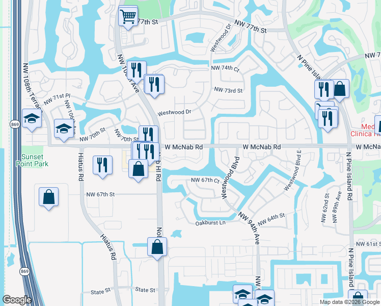 map of restaurants, bars, coffee shops, grocery stores, and more near 9731 West McNab Road in Tamarac
