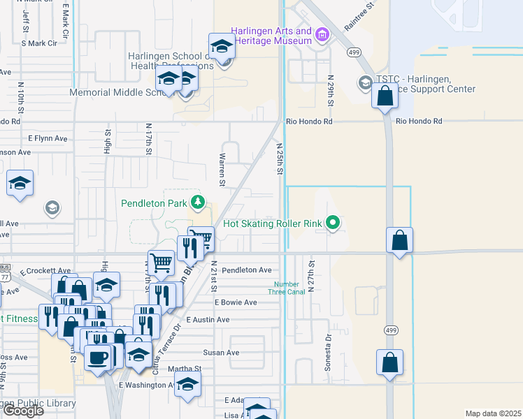 map of restaurants, bars, coffee shops, grocery stores, and more near 1505 Morgan Boulevard in Harlingen