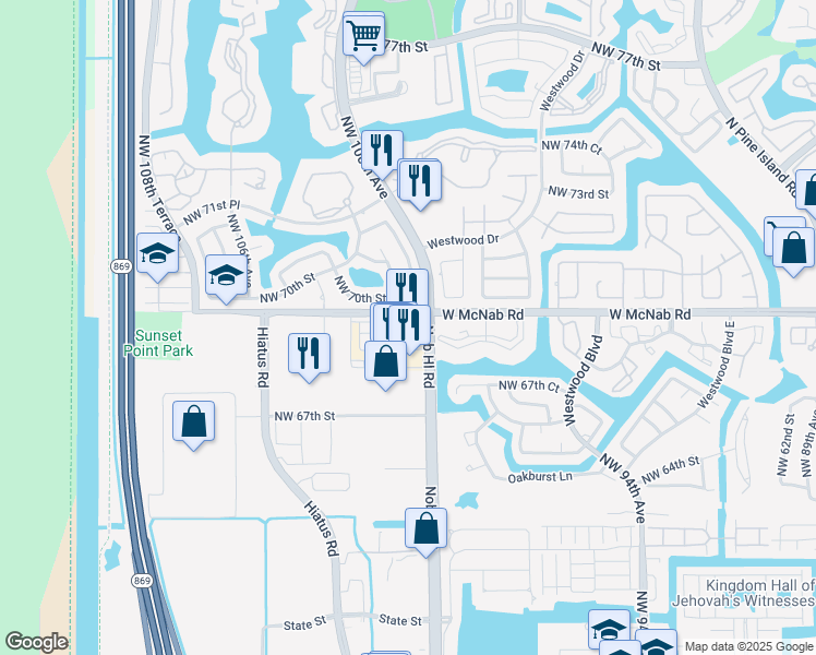 map of restaurants, bars, coffee shops, grocery stores, and more near 10004 West McNab Road in Tamarac