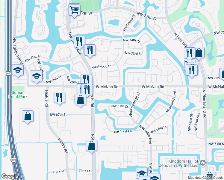 map of restaurants, bars, coffee shops, grocery stores, and more near 9731 West McNab Road in Tamarac