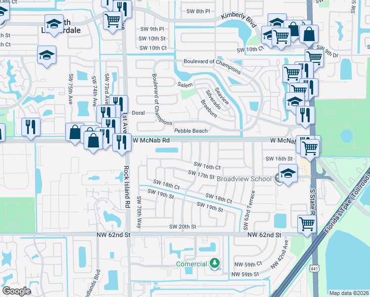 map of restaurants, bars, coffee shops, grocery stores, and more near 1511 Southwest 68th Way in North Lauderdale