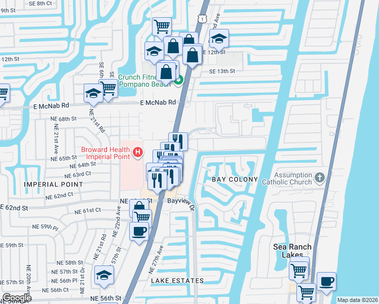 map of restaurants, bars, coffee shops, grocery stores, and more near 6331 Bay Club Drive in Fort Lauderdale