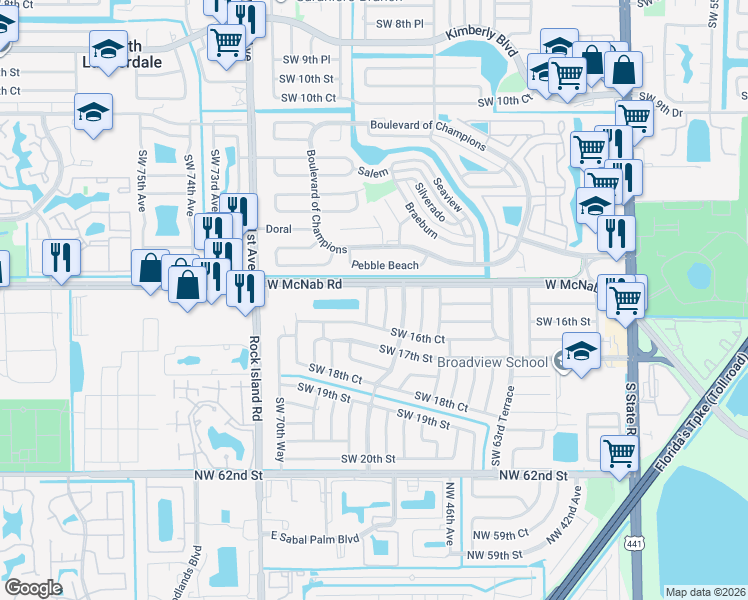 map of restaurants, bars, coffee shops, grocery stores, and more near 1511 Southwest 68th Way in North Lauderdale