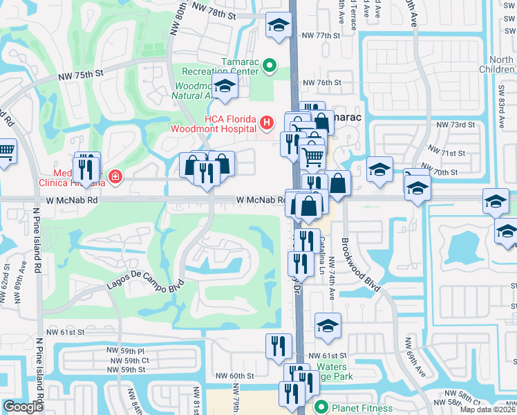 map of restaurants, bars, coffee shops, grocery stores, and more near 7750 West McNab Road in Tamarac