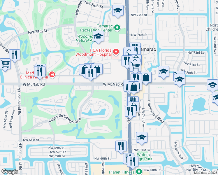 map of restaurants, bars, coffee shops, grocery stores, and more near 7850 West McNab Road in Tamarac