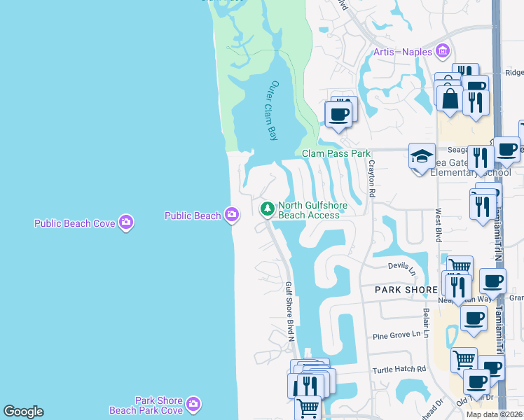 map of restaurants, bars, coffee shops, grocery stores, and more near 81 Seagate Drive in Naples