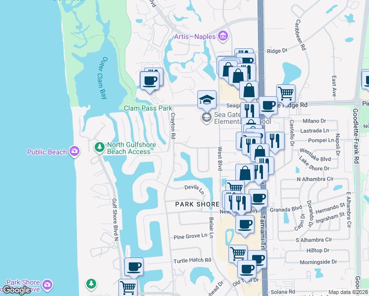 map of restaurants, bars, coffee shops, grocery stores, and more near 522 Whispering Pine Lane in Naples