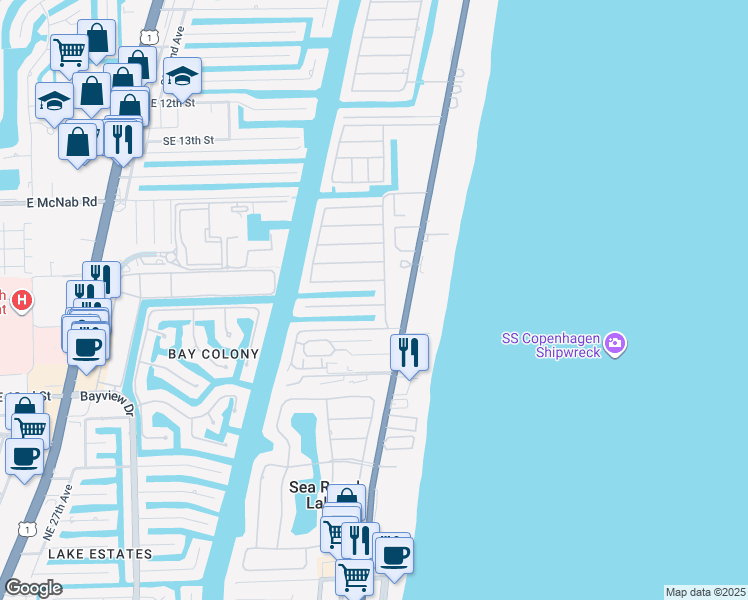 map of restaurants, bars, coffee shops, grocery stores, and more near 2051 Waters Edge in Pompano Beach