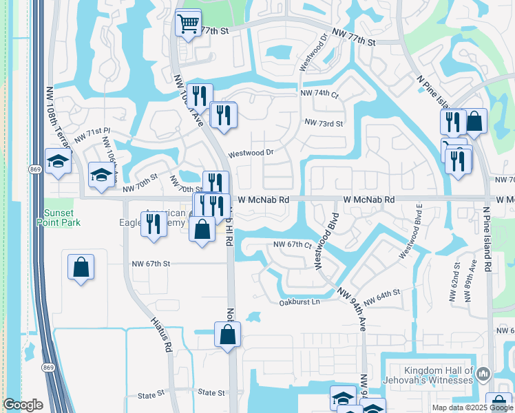 map of restaurants, bars, coffee shops, grocery stores, and more near 9835 Northwest 68th Place in Tamarac