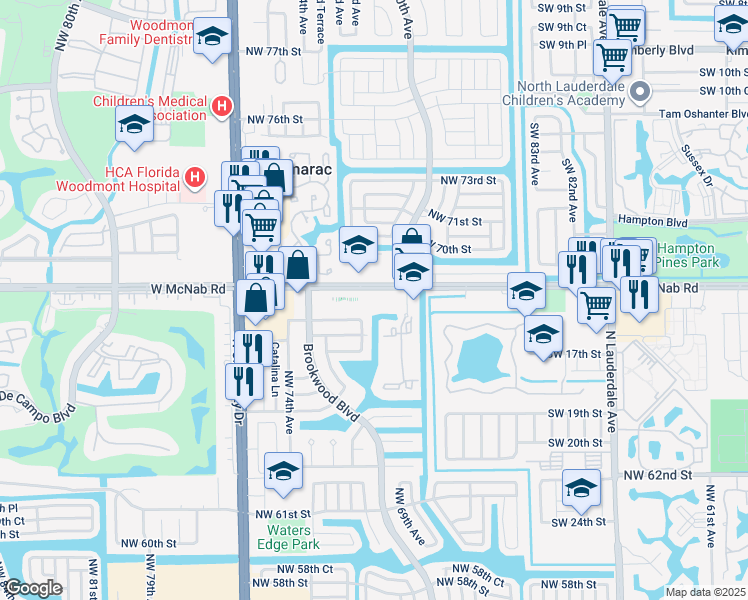 map of restaurants, bars, coffee shops, grocery stores, and more near 6855 Northwest 70th Avenue in Tamarac