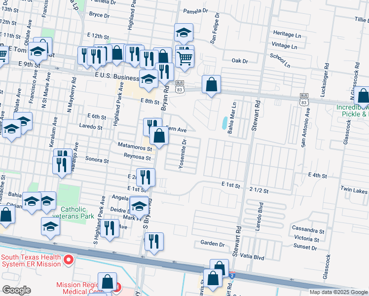 map of restaurants, bars, coffee shops, grocery stores, and more near 1500 East Santa Barbara Drive in Mission