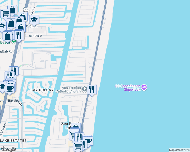 map of restaurants, bars, coffee shops, grocery stores, and more near 1825 South Ocean Boulevard in Pompano Beach