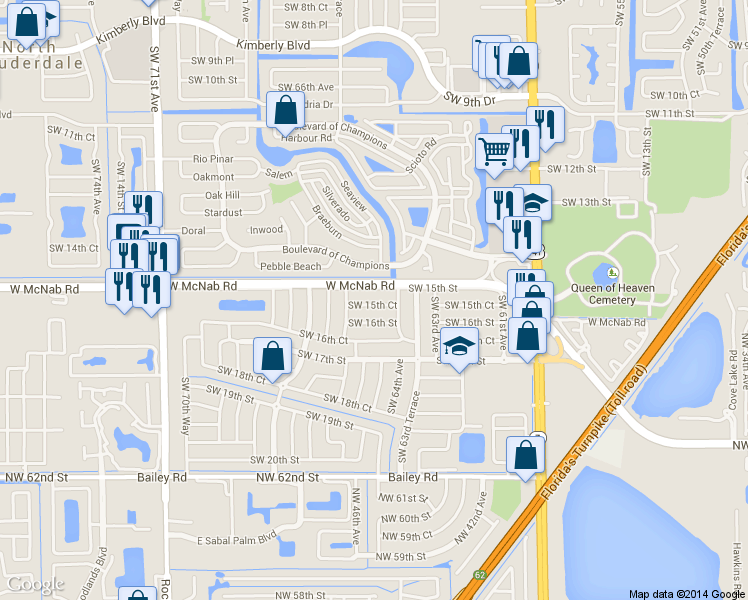 map of restaurants, bars, coffee shops, grocery stores, and more near 6441 Southwest 15th Court in Pompano Beach
