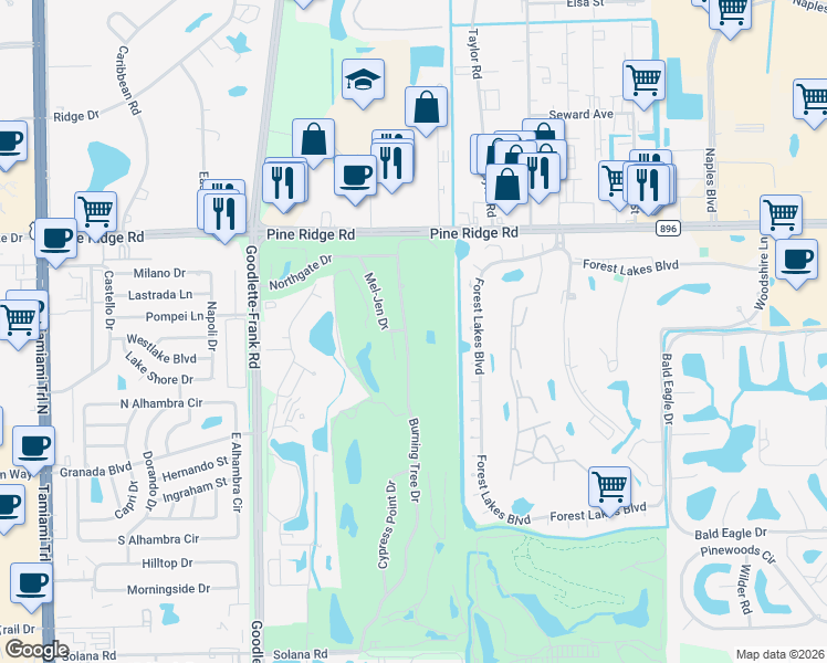 map of restaurants, bars, coffee shops, grocery stores, and more near 280 Burning Tree Drive in Naples