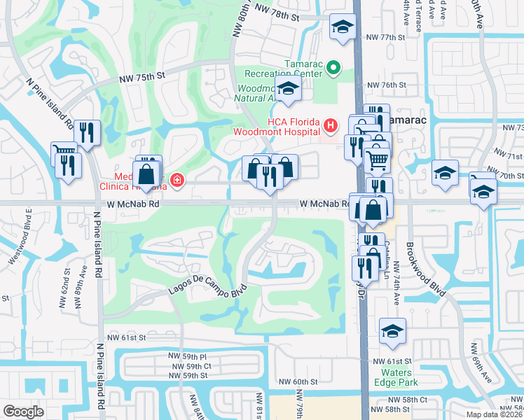 map of restaurants, bars, coffee shops, grocery stores, and more near 8061 West McNab Road in Tamarac