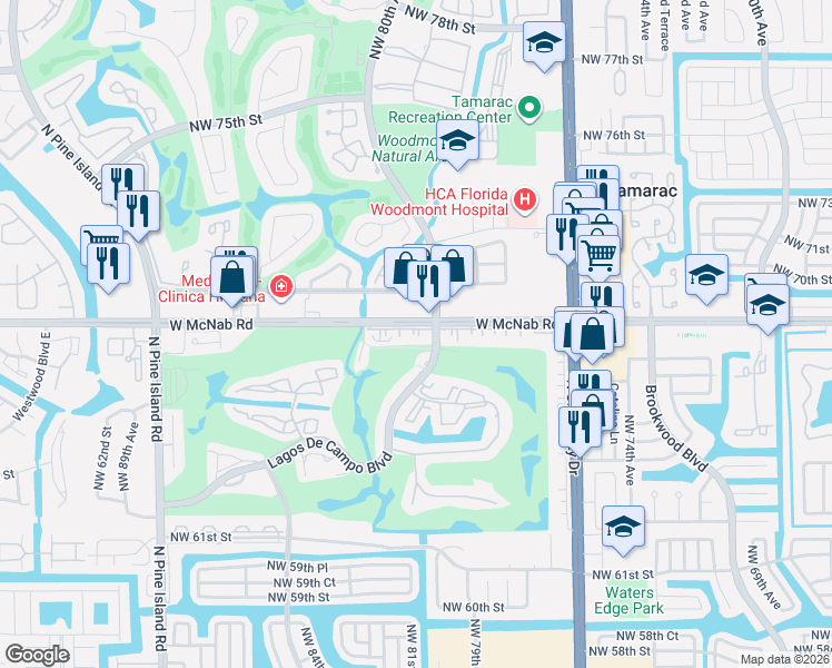 map of restaurants, bars, coffee shops, grocery stores, and more near 8050 West McNab Road in Tamarac