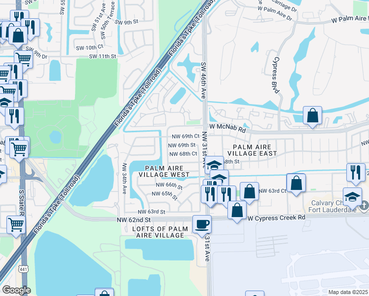 map of restaurants, bars, coffee shops, grocery stores, and more near 3140 Northwest 69th Street in Fort Lauderdale