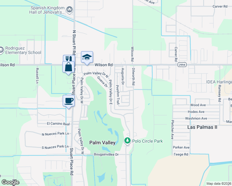 map of restaurants, bars, coffee shops, grocery stores, and more near 1516 Preston Trail in Harlingen