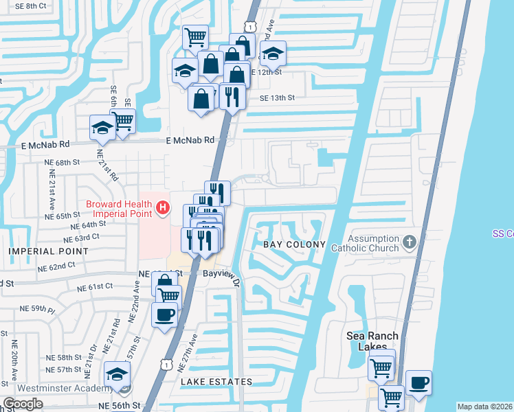 map of restaurants, bars, coffee shops, grocery stores, and more near 6317 Bay Club Drive in Fort Lauderdale
