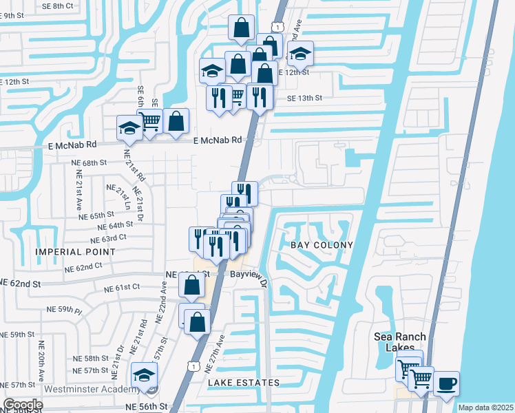 map of restaurants, bars, coffee shops, grocery stores, and more near 6331 Bay Club Drive in Fort Lauderdale