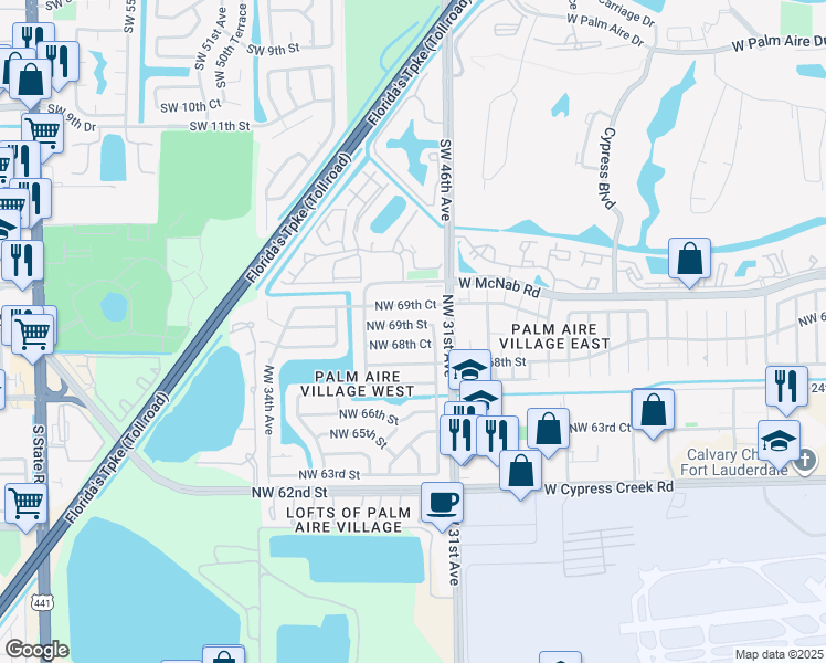 map of restaurants, bars, coffee shops, grocery stores, and more near 3140 Northwest 69th Street in Fort Lauderdale
