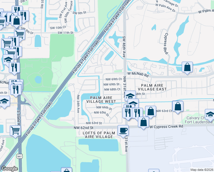 map of restaurants, bars, coffee shops, grocery stores, and more near 6871 Northwest 32nd Avenue in Fort Lauderdale