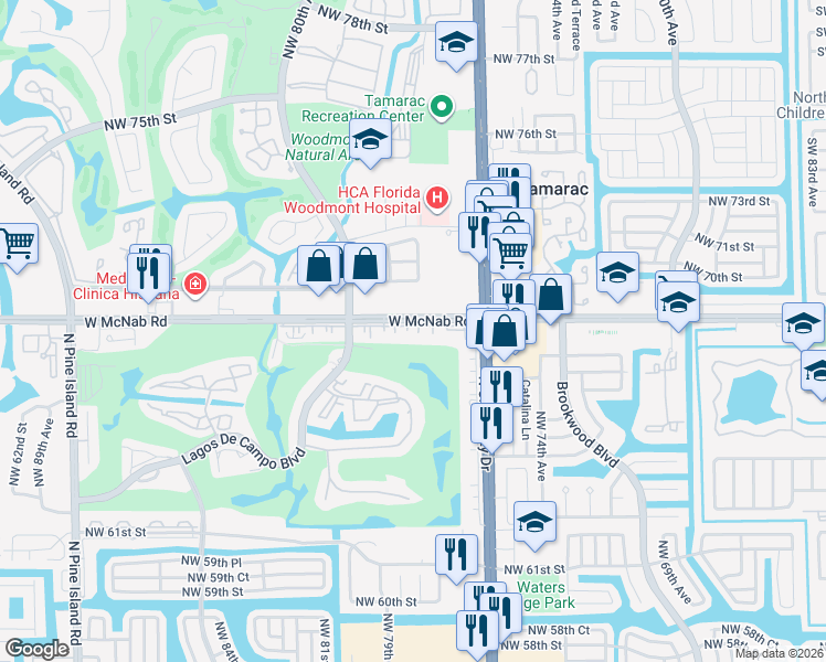 map of restaurants, bars, coffee shops, grocery stores, and more near 7750 West McNab Road in Tamarac