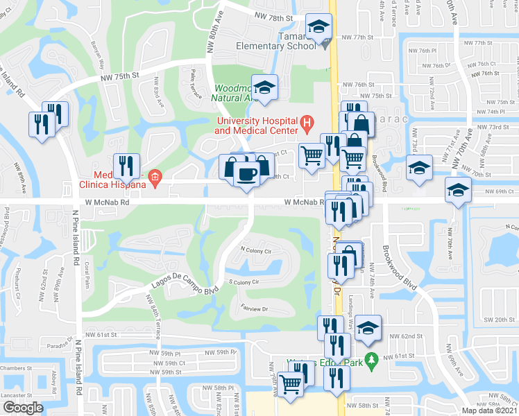 map of restaurants, bars, coffee shops, grocery stores, and more near 7975 West McNab Road in Tamarac