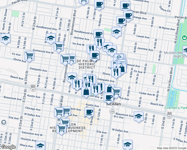 map of restaurants, bars, coffee shops, grocery stores, and more near 412 North Main Street in McAllen