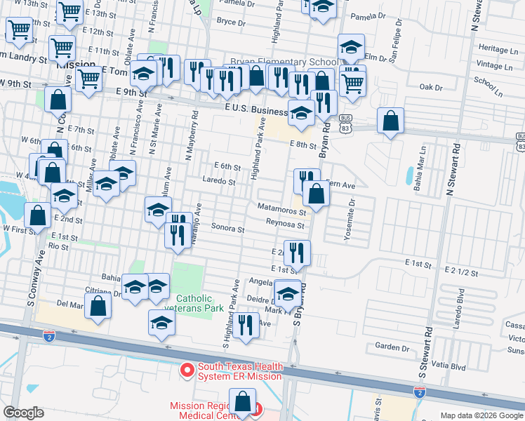 map of restaurants, bars, coffee shops, grocery stores, and more near 1202 Matamoros Street in Mission