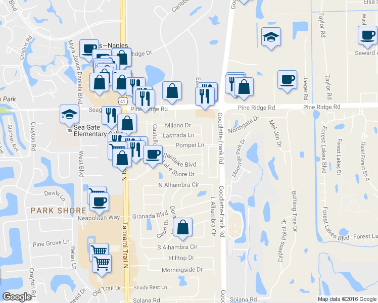 map of restaurants, bars, coffee shops, grocery stores, and more near 1309 Woodridge Avenue in Naples