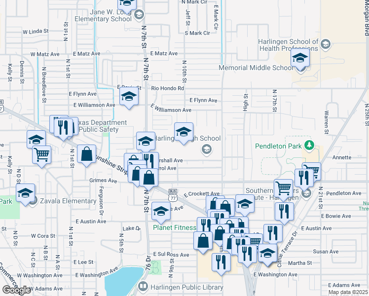 map of restaurants, bars, coffee shops, grocery stores, and more near 1201 Marshall Avenue in Harlingen