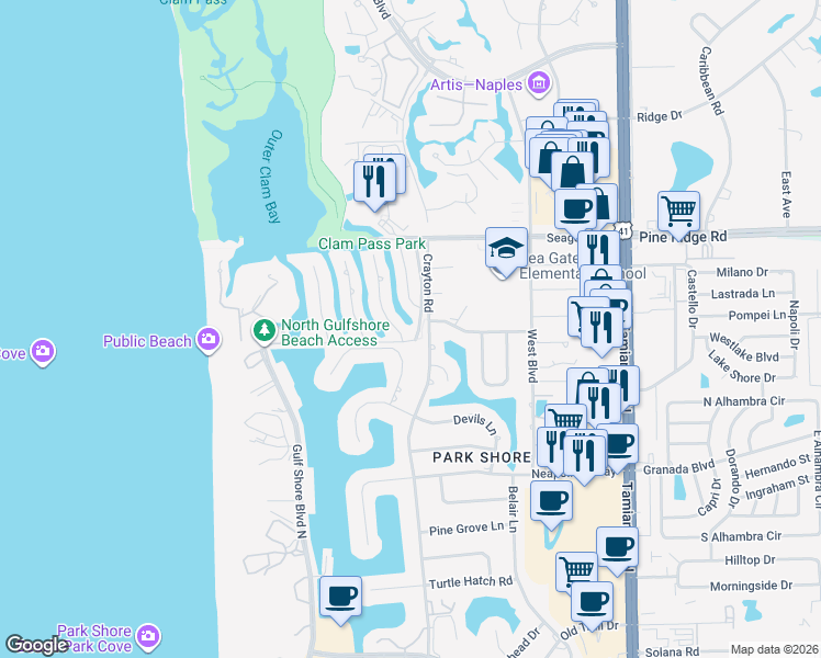 map of restaurants, bars, coffee shops, grocery stores, and more near 5051 Seagate Drive in Naples