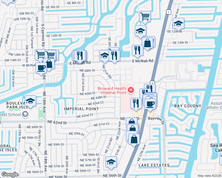 map of restaurants, bars, coffee shops, grocery stores, and more near 6510 Northeast 21st Drive in Fort Lauderdale