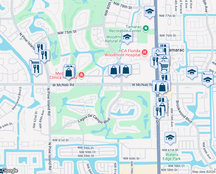 map of restaurants, bars, coffee shops, grocery stores, and more near 8150 West McNab Road in Tamarac