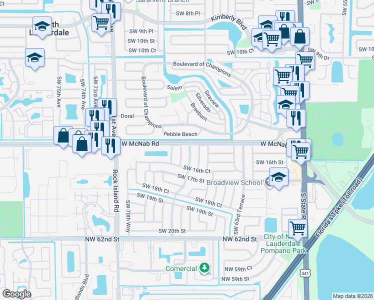 map of restaurants, bars, coffee shops, grocery stores, and more near 1511 Southwest 68th Avenue in North Lauderdale