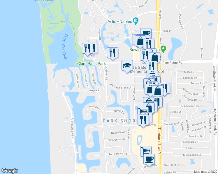 map of restaurants, bars, coffee shops, grocery stores, and more near 502 Whispering Pine Lane in Naples