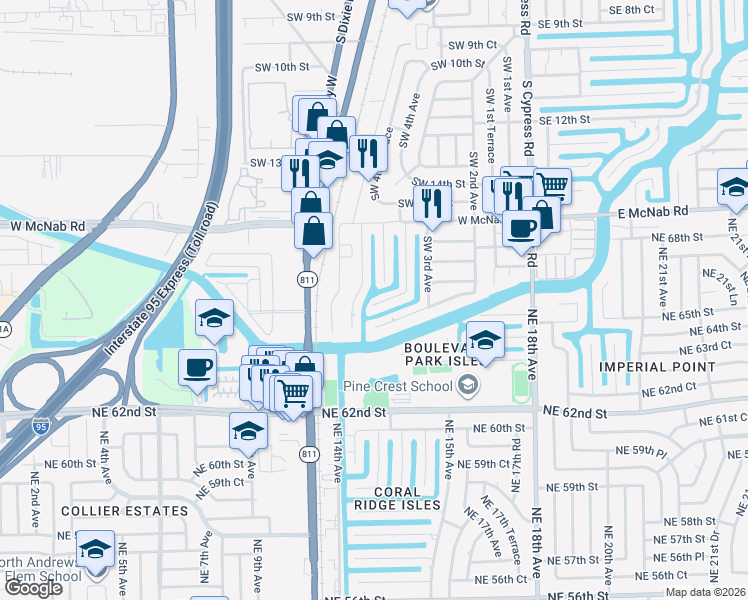map of restaurants, bars, coffee shops, grocery stores, and more near 521 Southwest 18th Street in Pompano Beach