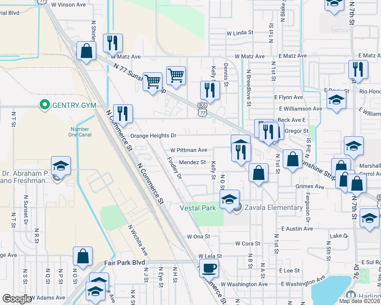 map of restaurants, bars, coffee shops, grocery stores, and more near 705 Pittman Street in Harlingen
