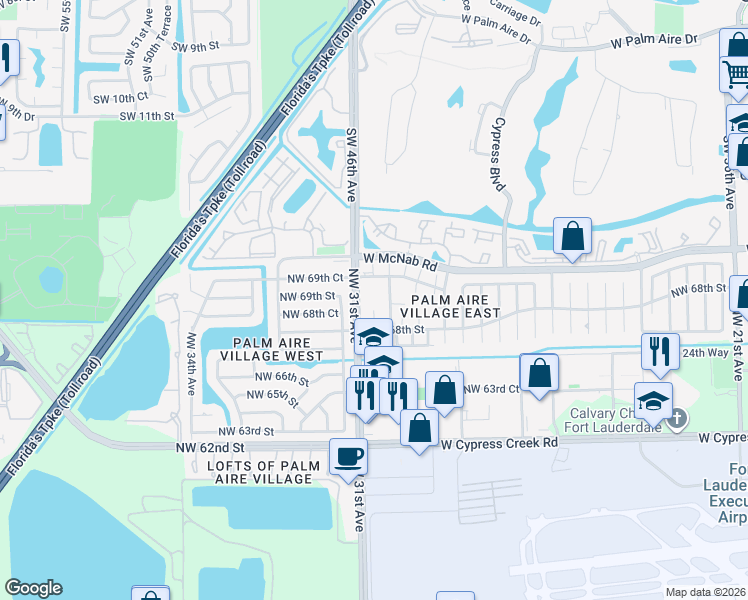 map of restaurants, bars, coffee shops, grocery stores, and more near 6841 Northwest 30th Avenue in Fort Lauderdale
