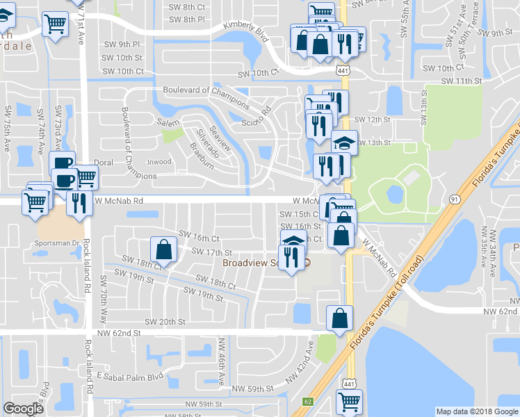 map of restaurants, bars, coffee shops, grocery stores, and more near 1511 Southwest 63rd Terrace in North Lauderdale