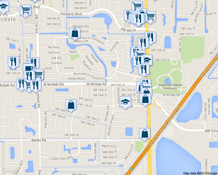 map of restaurants, bars, coffee shops, grocery stores, and more near 1510 Southwest 64th Avenue in North Lauderdale