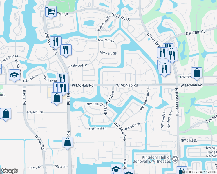 map of restaurants, bars, coffee shops, grocery stores, and more near 106 Northwest 95th Terrace in Tamarac