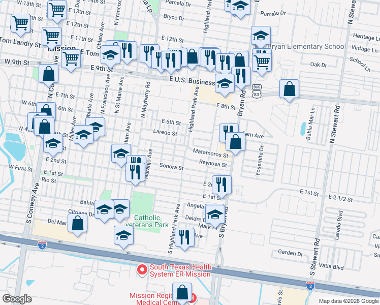 map of restaurants, bars, coffee shops, grocery stores, and more near 1202 Matamoros Street in Mission