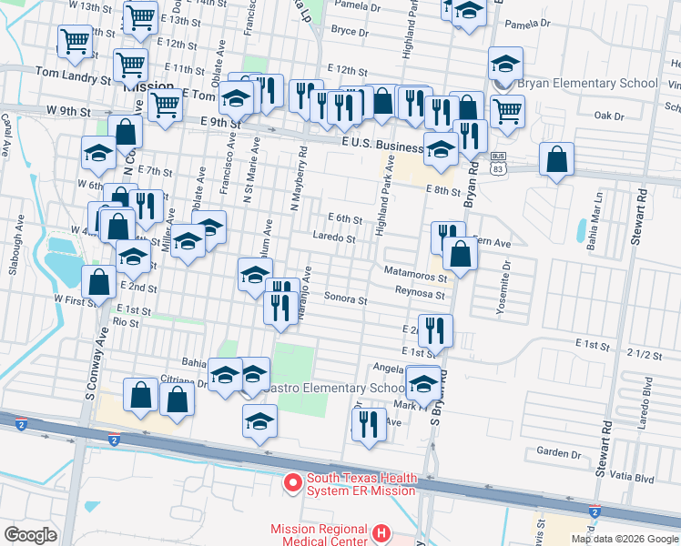 map of restaurants, bars, coffee shops, grocery stores, and more near 1013 Reynosa Street in Mission