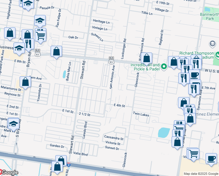 map of restaurants, bars, coffee shops, grocery stores, and more near 600 Palm Village Lane in Mission